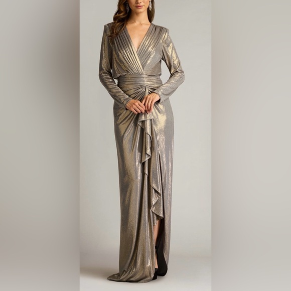 Tadashi Shoji Dresses & Skirts - Tadashi Shoji Smoke Pearl POMONA METALLIC WATERFALL FLOUNCE GOWN BSJ25106L NWT